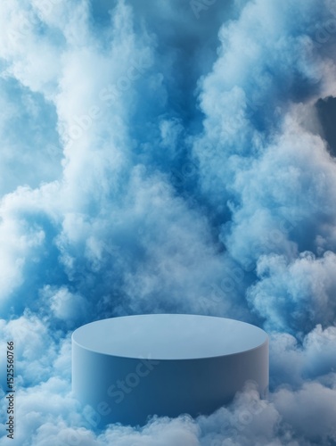 A blue cloud filled with smoke and a white cube in the middle. The cube is a stage or a podium