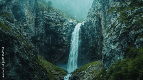 A dramatic view of a cascading waterfall amid rugged mountains and lush vegetation.