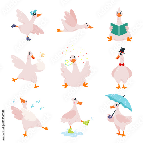 Funny goose. Cute geese in different poses, farm bird read book, flying, dancing, walking on puddles in rubber boots. Children mascots, classy vector characters