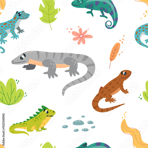 Reptiles seamless pattern. Cartoon iguana varan chameleon and salamander. Tropical animals print for fabric, wrapping, classy vector background