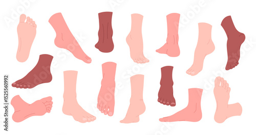 Human feet set. Naked foot in different positions, male female legs poses. Healthy leg and skin, isolated body parts, anatomy elements racy vector clipart