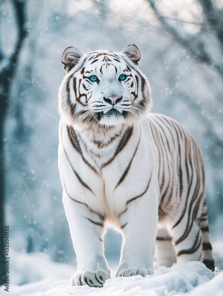 Fototapeta premium White Tiger with Blue Eyes in Snowy Forest 