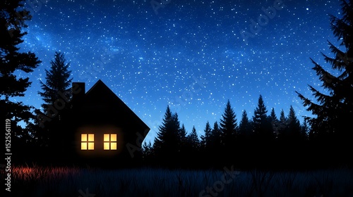 Small cabin silhouette in a forest clearing under glowing night sky with clear starlight and natural ambiance