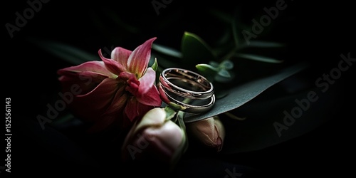 Wedding rings resting on top of blurred flowers, symbolizing the joy and commitment that comes with marriage.