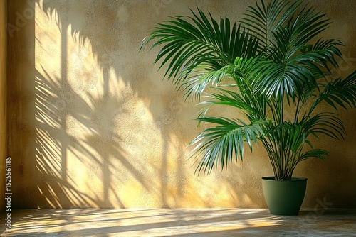 Sunlight casts intricate shadows upon a potted palm in a cozy indoor space