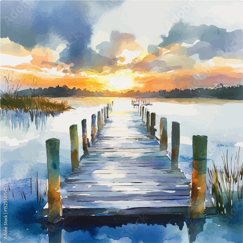 watercolor of Sunrise Quiet Fishing Dock, vector high quality, isolated on a white background.