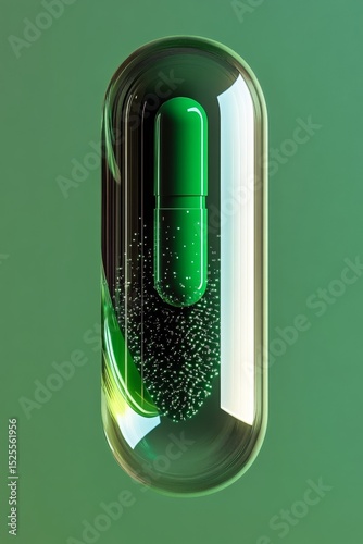 Shiny green capsules of medication inside a transparent container.