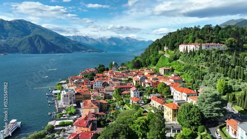 drone shot of Bellagio luxury resort on lake Como in Italy, Italian vacation on Como lake, peaceful alpine lake in Italian Alps