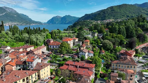 aerial view of Bellagio luxury resort on lake Como in Italy, Italian vacation on Como lake, peaceful alpine lake in Italian Alps
