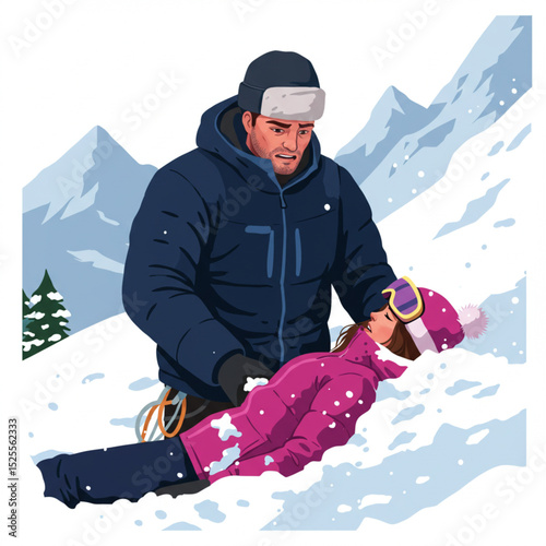Winter Rescuer Saving Woman After Avalanche in Mountain Wilderness Vector Illustration
