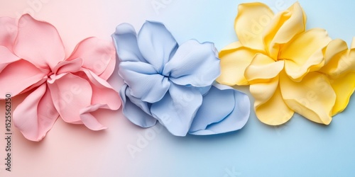 Vibrant fabric flowers in a collection of pastel colors for creative projects and adornments.