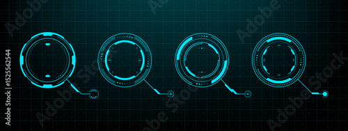 Set of four circle modern futuristic hud vector graphics elements with round shapes and abstract designs. Technology display. 