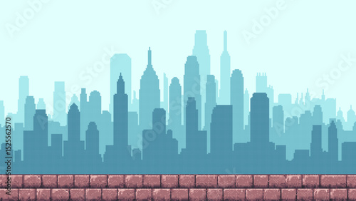 Pixel art game level background with blue cityscape silhouette and brick platform. Retro video game. Vector graphics.