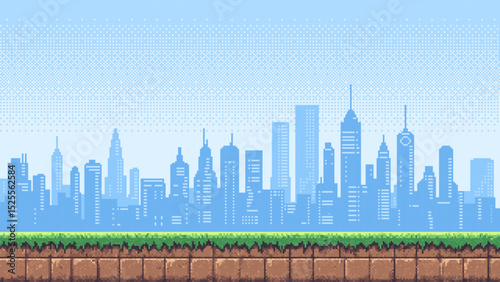 Pixel art game level background with blue cityscape skyline, green grass. Retro gaming scene. Vector graphics.