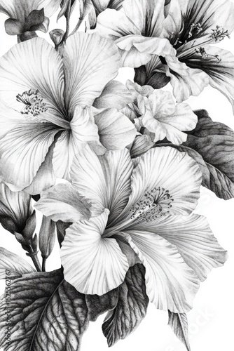 Hand-drawn monochrome illustration of exotic plants with delicate petals, suitable for nature lovers, botanical prints, vintage design, and more.