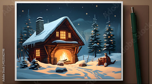 a festive Christmas card featuring a charming house background 
