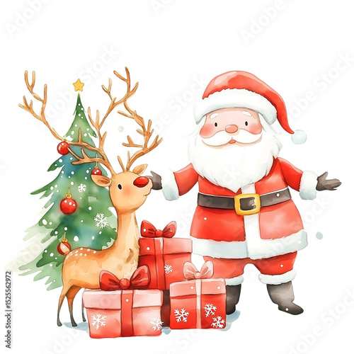 cute santa claus with reindeer and christmas tree - festive holiday art isolated on transparent background
