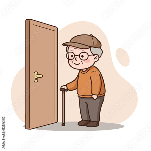 Elderly man waiting at door with cane and smiling expression  