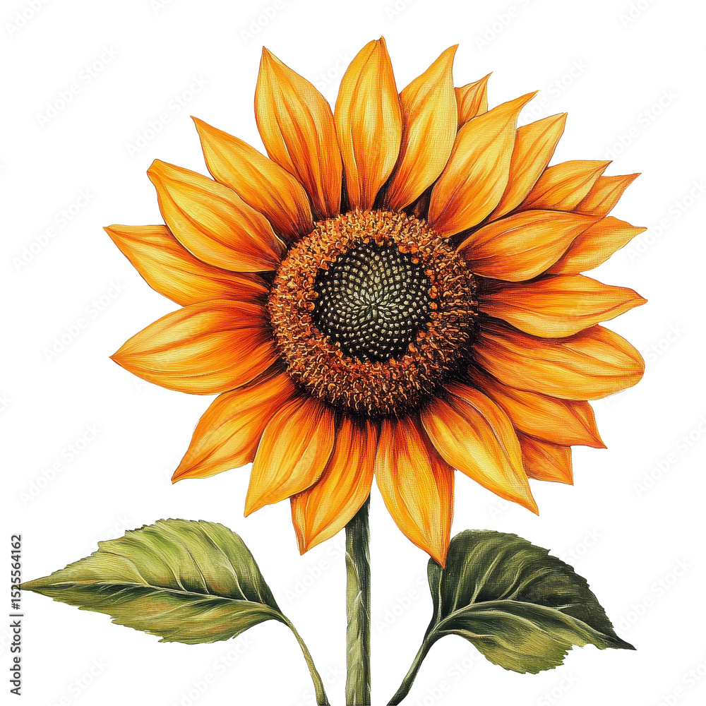 Naklejka premium Vibrant sunflower showcases intricate details with green leaves against a clean Transparent background, Vibrant Sunflower On PNG background