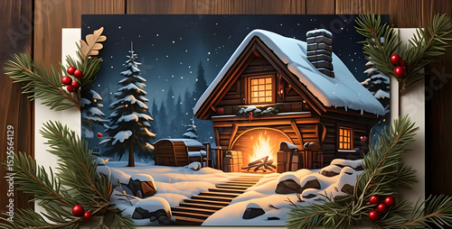 a festive Christmas card featuring a charming house background 