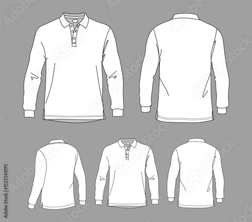 Polo T-shirt vector line drawing template set mockup isolated on white background. Flat technical drawing template. Unisex T-Shirt illustration front, Side and back view. Polo T-shirt Mockup.