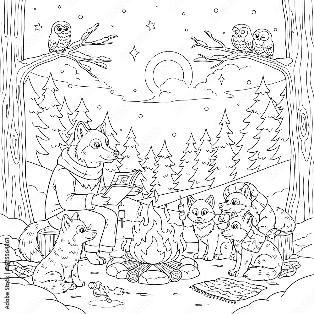 Fototapeta premium Cartoon Wolves Camping in Forest with Campfire Coloring Page Illustration