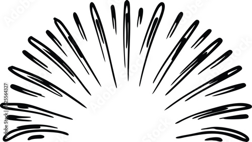 Black radial speed lines emanating from a central point in a semi circular burst design element