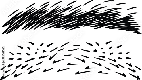 Black and white image featuring two distinct sections of short linear brushstrokes and scattered dashes