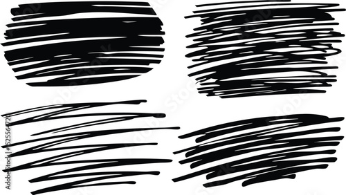 Four abstract black shapes consisting of multiple horizontal lines on a white background art sketch