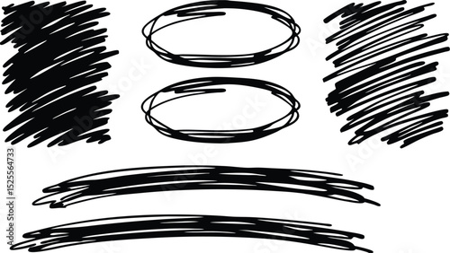 Scribbled black lines and shapes including rectangles ovals and horizontal lines on a white background