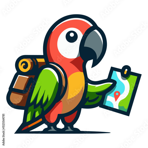 Adventurous Parrot Mascot with Backpack and Map – Minimal Vector Style