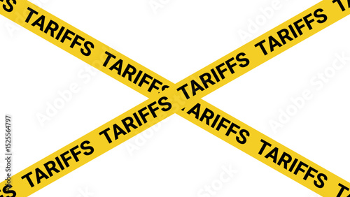 Diagonal yellow warning tape with tariffs text crossed in center on transparent background. Trade barriers, policy enforcement, economic conflict, import restrictions, global commerce tension