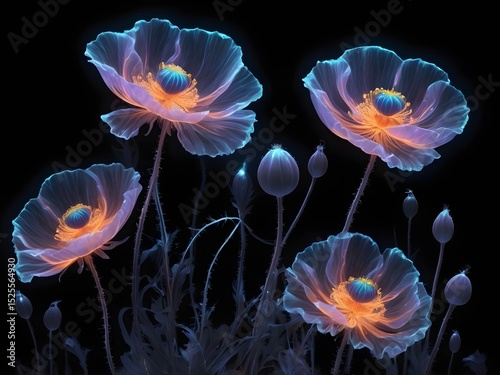 Futuristic Field of Glowing Flowers with Translucent Petals in Ethereal Kirlian Electrography Style, Set Against a Dark Background