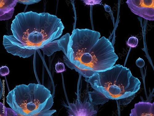 Futuristic Field of Glowing Flowers with Translucent Petals in Ethereal Kirlian Electrography Style, Set Against a Dark Background