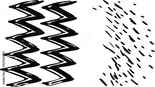 Image shows black zigzag pattern on the left and scattered strokes on the right side on white background