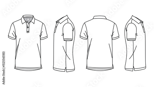 Polo T-shirt vector line drawing template set mockup isolated on white background. Flat technical drawing template. Unisex T-Shirt illustration front, Side and back view. Polo T-shirt Mockup.