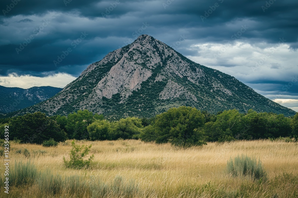 Fototapeta premium Cloudy mountain landscape surrounded by tall grass under a dramatic sky close to late afternoon, Mountain on cloudy day