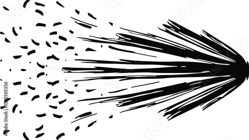 Black and white illustration of an abstract explosion with lines and scattered particles moving outward