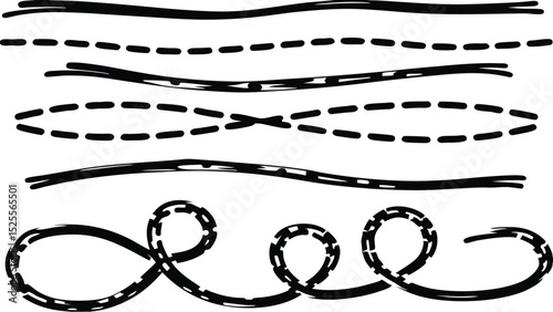 Collection of hand drawn black lines and curves with various styles on a white background design set