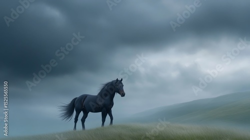 Black Horse Standing in Misty Hills
