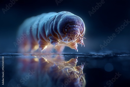 Highly Detailed Macro Image of a Tardigrade Crawling Across a Reflective Surface, Showcasing Its Translucent Body, Tiny Limbs, and Resilient Structure in an Ethereal Blue Light Environment photo