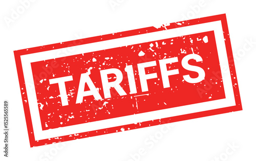 Template of red grunge rubber stamp with text TARIFFS inside rectangle. Trade bans, geopolitical conflicts, tariffs, embargo. Vector stumped text isolated on transparent background. Design element.