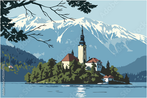 Lake Bled in Slovenia, Europe. Vector Illustration