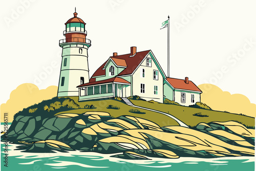 Lighthouse on the coast of the island. Vector illustration in retro style