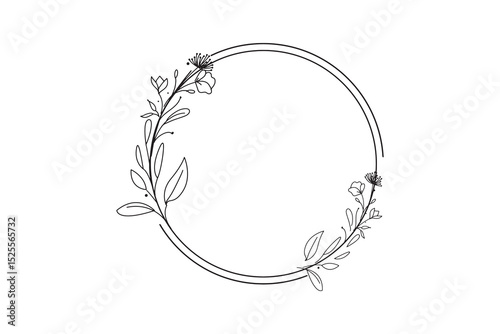 Floral Circle Wreath Frame - Botanical Line Drawing