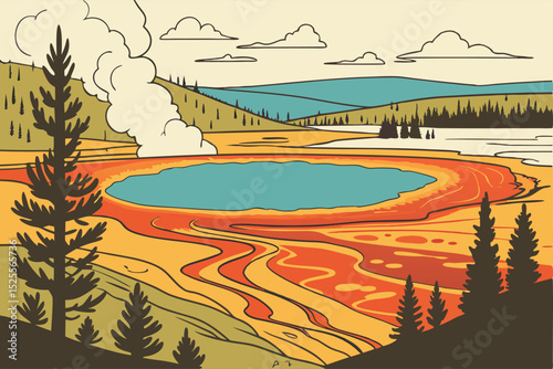 Lake in Yellowstone National Park, Wyoming, USA. Vector illustration.
