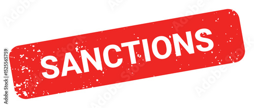 Template of red grunge rubber stamp with text SANCTIONS inside rectangle. Trade bans, geopolitical conflicts, tariffs, embargo. Vector stumped text isolated on transparent background. Design element.