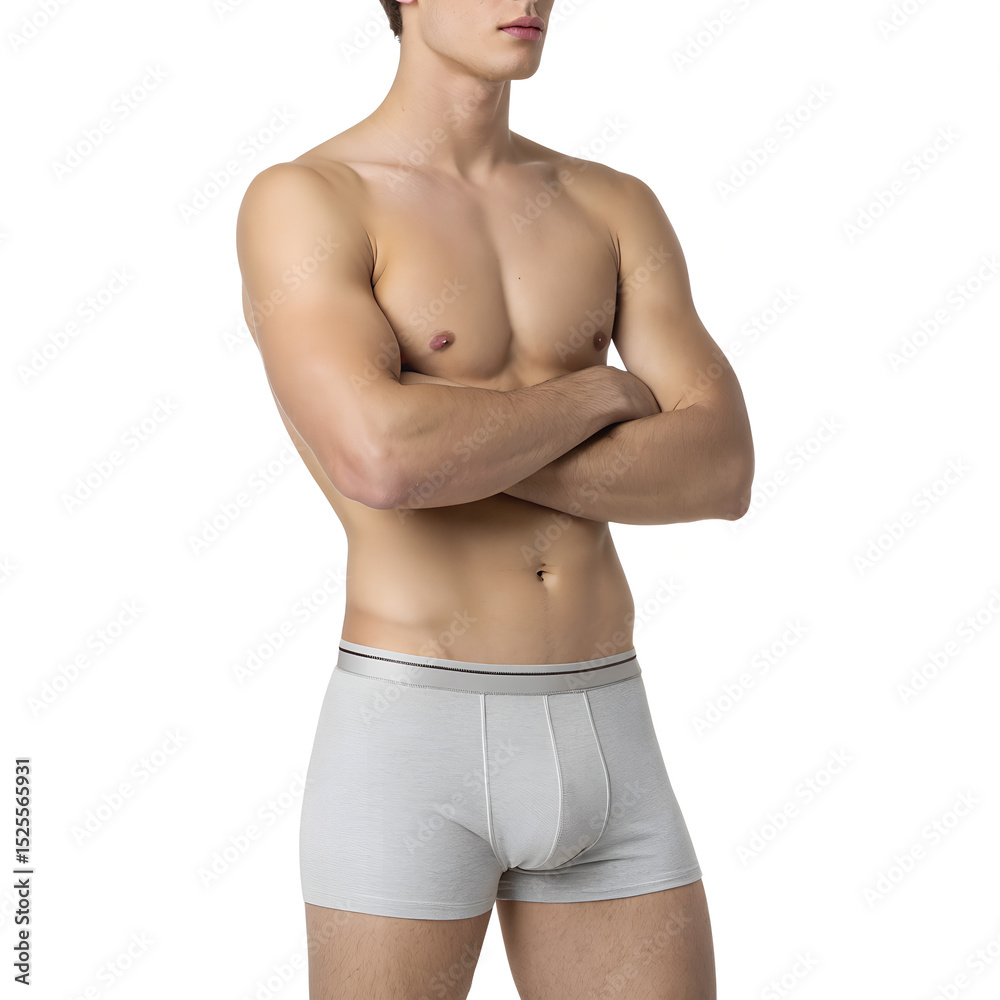 Fototapeta premium Studio Shot of Muscular Male Torso in Light Grey Boxer Briefs