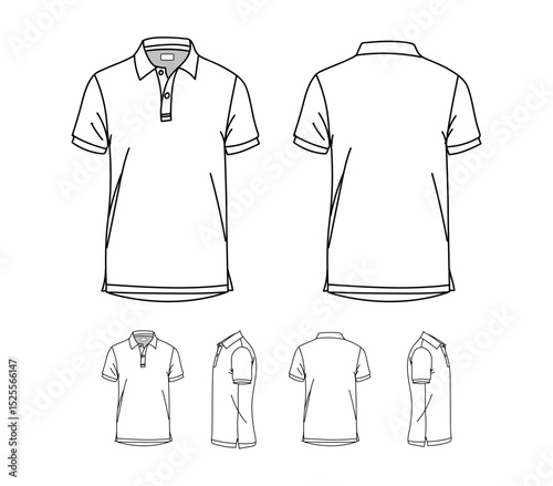Polo T-shirt vector line drawing template set mockup isolated on white background. Flat technical drawing template. Unisex T-Shirt illustration front, Side and back view. Polo T-shirt Mockup.