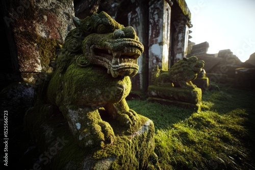 Ancient Moss-Covered Guardian Lion Statues at a Weathered Temple Ruin Bathed in Morning Light, Symbolizing Forgotten History and the Enduring Power of Spiritual Protection